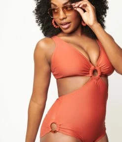 Swimwear Unique Vintage Rust Orange Fresh Cut One Piece Swimsuit