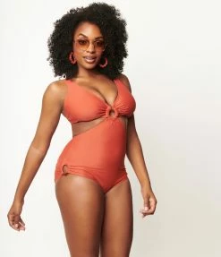 Swimwear Unique Vintage Rust Orange Fresh Cut One Piece Swimsuit