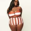 Unique Vintage Plus Size Rust & White Stripe Knot So Fast Swim Top Swimwear