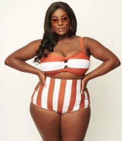 Unique Vintage Plus Size Rust & White Stripe Knot So Fast Swim Top Swimwear