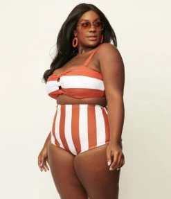 Unique Vintage Plus Size Rust & White Stripe Knot So Fast Swim Top Swimwear