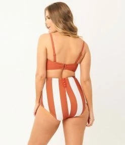 Unique Vintage Rust & White Stripe Knot So Fast Swim Top