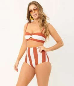Unique Vintage Rust & White Stripe Knot So Fast Swim Top