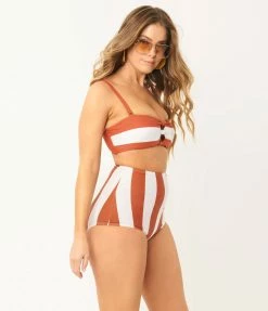 Unique Vintage Rust & White Stripe Knot So Fast Swim Top
