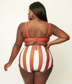 Swimwear Unique Vintage Plus Size Rust & White Stripe Louise Swim Bottom