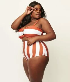 Swimwear Unique Vintage Plus Size Rust & White Stripe Louise Swim Bottom