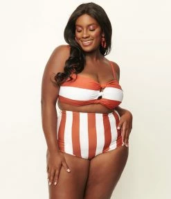 Swimwear Unique Vintage Plus Size Rust & White Stripe Louise Swim Bottom