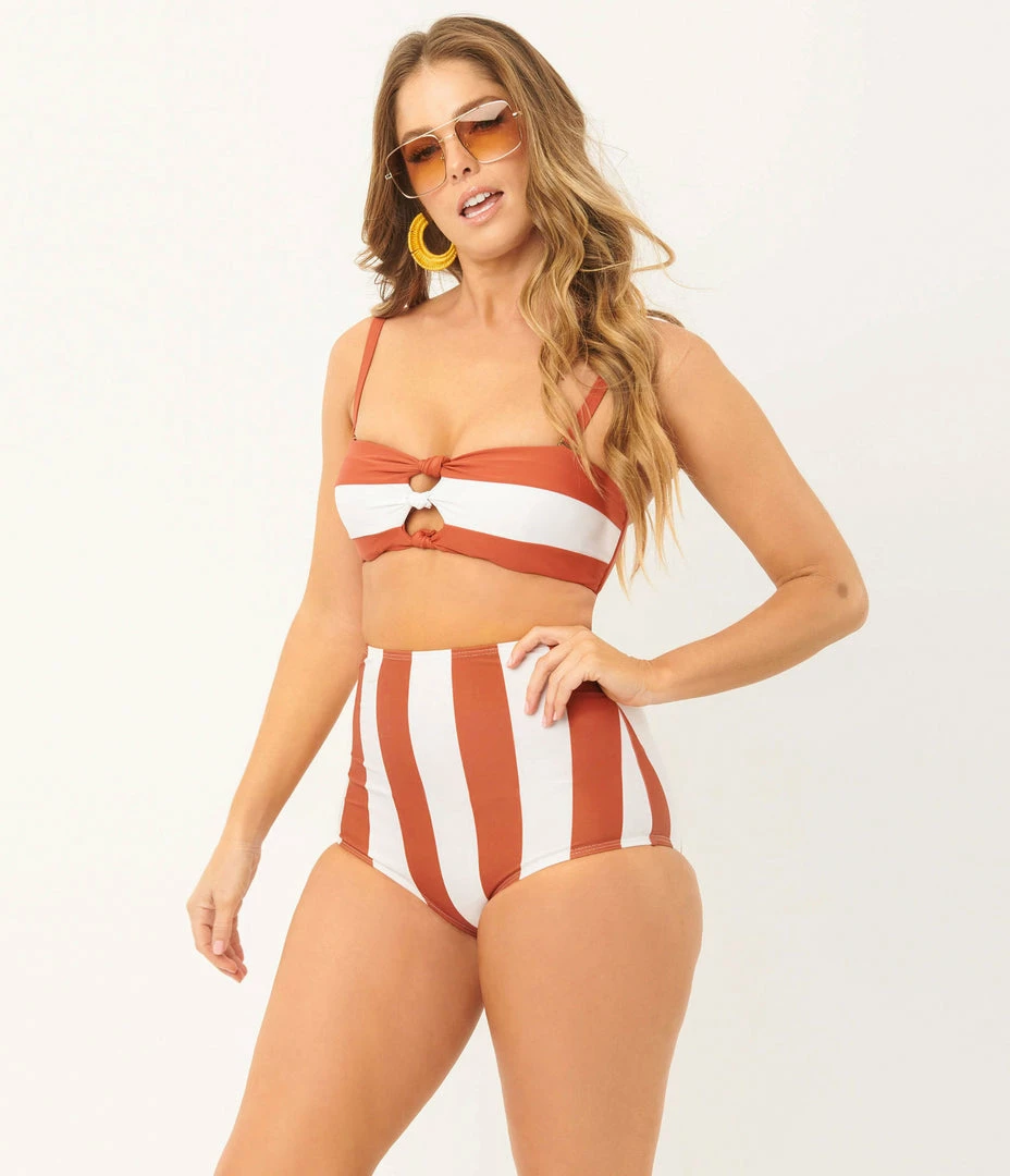 Unique Vintage Rust & White Stripe Louise Swim Bottom Swimwear