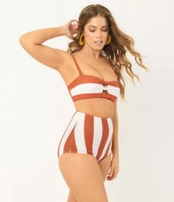 Unique Vintage Rust & White Stripe Louise Swim Bottom Swimwear