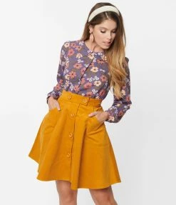 Sale Hell Bunny Mustard Corduroy Wonder Years Skirt