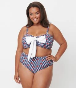 Swimwear Unique Vintage Plus Size Navy Gingham & Ladybug Print Rialto Bikini Top