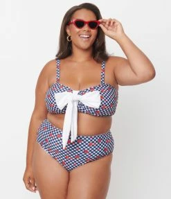 Swimwear Unique Vintage Plus Size Navy Gingham & Ladybug Print Rialto Bikini Top