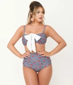 Swimwear Unique Vintage Navy Gingham & Ladybug Print Rialto Bikini Top