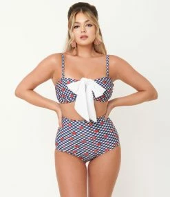 Swimwear Unique Vintage Navy Gingham & Ladybug Print Rialto Bikini Top