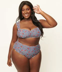 Unique Vintage Plus Size Navy Gingham & Ladybug Print Ruched & Ready Swim Top