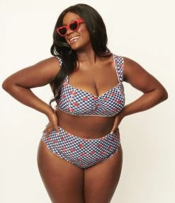 Unique Vintage Plus Size Navy Gingham & Ladybug Print Ruched & Ready Swim Top