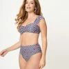 Unique Vintage Navy Gingham & Ladybug Print Ruched & Ready Swim Top