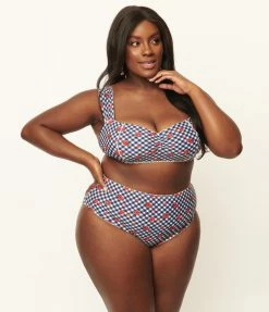 Unique Vintage Plus Size Navy Gingham & Ladybug Print Daphne Swim Bottoms Swimwear