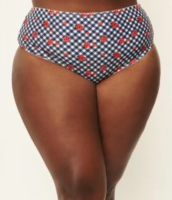 Unique Vintage Plus Size Navy Gingham & Ladybug Print Daphne Swim Bottoms Swimwear