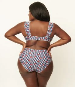 Unique Vintage Plus Size Navy Gingham & Ladybug Print Daphne Swim Bottoms Swimwear