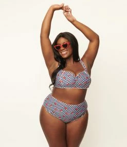 Unique Vintage Plus Size Navy Gingham & Ladybug Print Daphne Swim Bottoms Swimwear