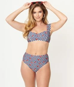 Unique Vintage Navy Gingham & Ladybug Print Daphne Swim Bottoms