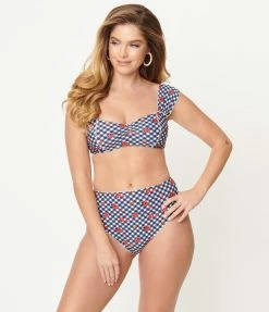 Unique Vintage Navy Gingham & Ladybug Print Daphne Swim Bottoms