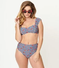 Unique Vintage Navy Gingham & Ladybug Print Daphne Swim Bottoms