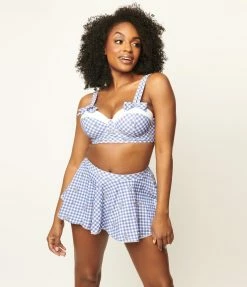 Swimwear Unique Vintage Blue Gingham & Daisy Pin-Up Coronado Swim Skirt