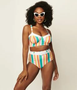 Swimwear Unique Vintage Pride Rainbow Stripes Marlene Crop Swim Top