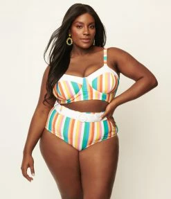 Unique Vintage Plus Size Pride Rainbow Stripes Belted Redondo Swim Bottoms Swimwear