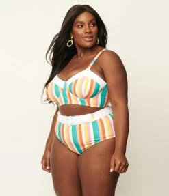 Unique Vintage Plus Size Pride Rainbow Stripes Belted Redondo Swim Bottoms Swimwear