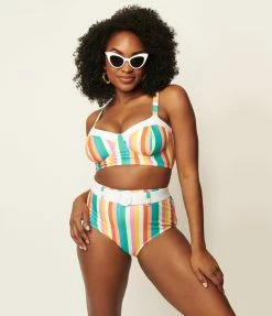 Swimwear Unique Vintage Pride Rainbow Stripes Belted Redondo Swim Bottoms
