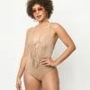 Unique Vintage Tan Suede Fringe Swimsuit