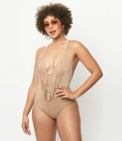 Unique Vintage Tan Suede Fringe Swimsuit