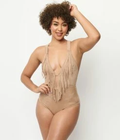 Unique Vintage Tan Suede Fringe Swimsuit