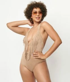 Unique Vintage Tan Suede Fringe Swimsuit