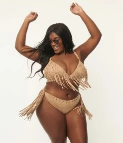 Unique Vintage Plus Size Tan Suede Fringe Sweet & Sash-y Swim Bottom