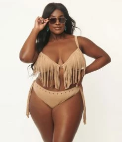 Unique Vintage Plus Size Tan Suede Fringe Sweet & Sash-y Swim Bottom