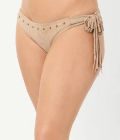 Unique Vintage Tan Suede Fringe Sweet & Sash-y Swim Bottom Swimwear