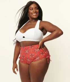 Unique Vintage Plus Size Red Bandana Print Provincetown Swim Bottom Swimwear