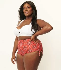 Unique Vintage Plus Size Red Bandana Print Provincetown Swim Bottom Swimwear