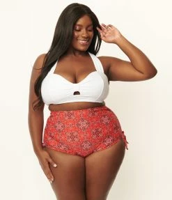 Unique Vintage Plus Size Red Bandana Print Provincetown Swim Bottom Swimwear
