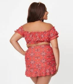 Unique Vintage Plus Size Red Bandana Print Encinitas Swim Crop Top