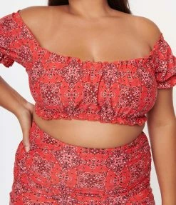 Unique Vintage Plus Size Red Bandana Print Encinitas Swim Crop Top