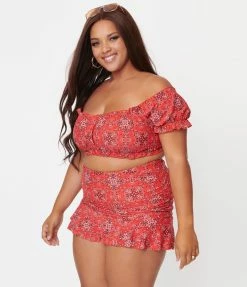 Unique Vintage Plus Size Red Bandana Print Encinitas Swim Crop Top