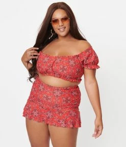 Unique Vintage Plus Size Red Bandana Print Encinitas Swim Crop Top