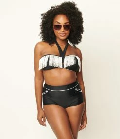 Swimwear Unique Vintage Black & White Western Fringe Forever Glam Swim Top
