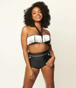 Swimwear Unique Vintage Black & White Western Fringe Forever Glam Swim Top