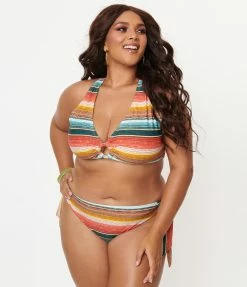 Swimwear Unique Vintage Plus Size Serape Stripe Give Us A Ring Swim Top